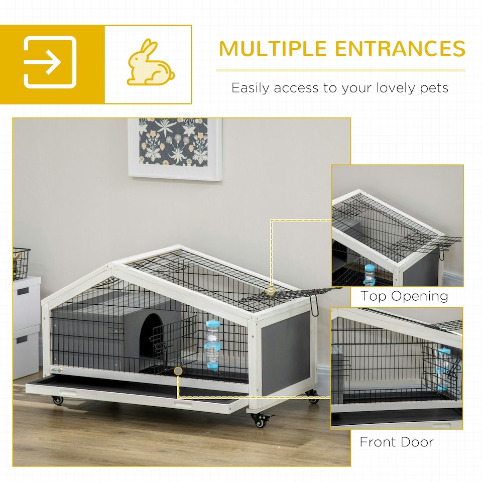 image 1 of PawHut Rabbit Cage with Water Bottle, Wheels, Plastic Slide-Out Tray - Dark Grey