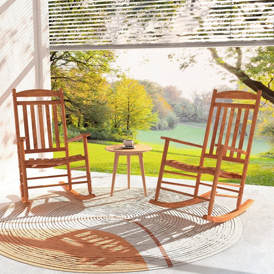 image 1 of COSTWAY Outdoor Patio Wood Rocking Chair High-Back Poplar Wood Rocker