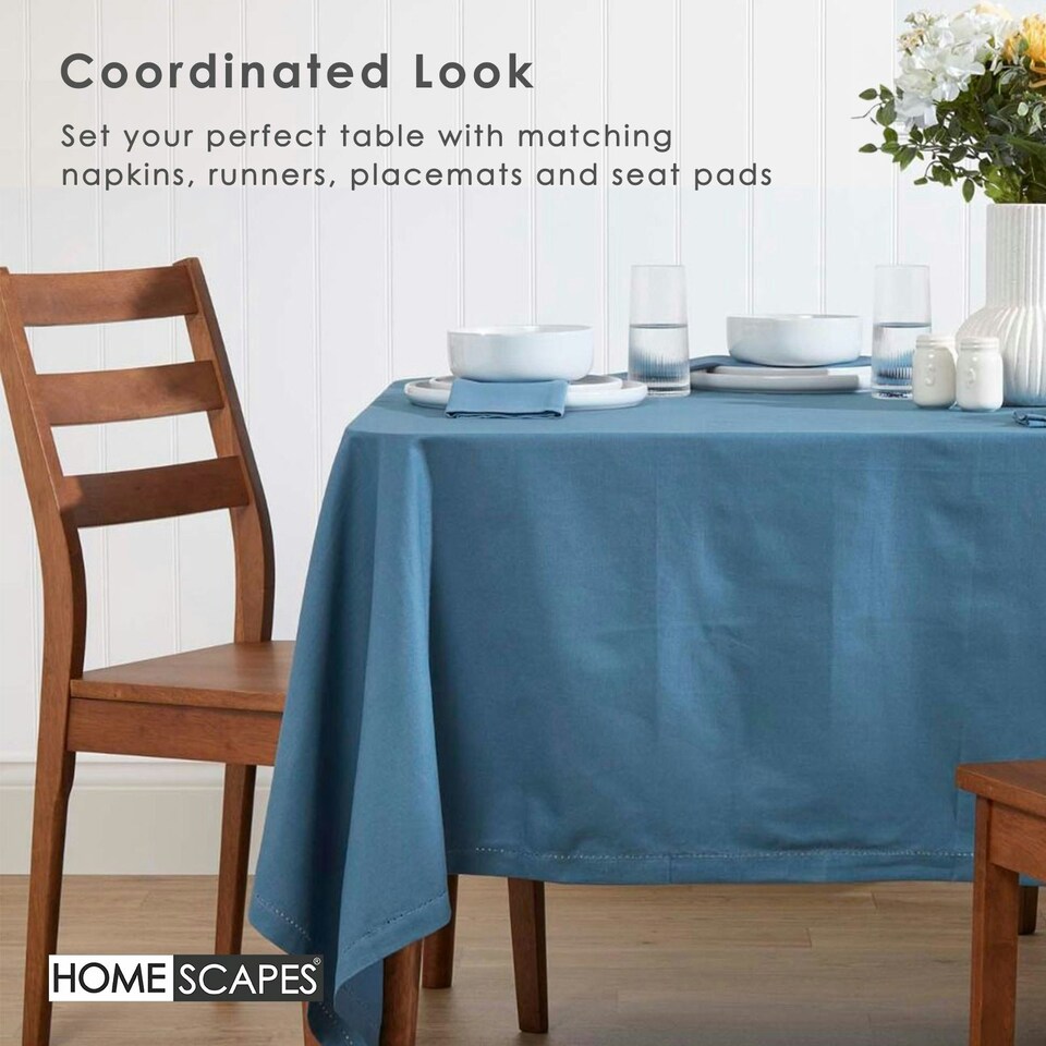 image 1 of Homescapes Airforce Blue Cotton Tablecloth - 137 x 228 cm | Blue
