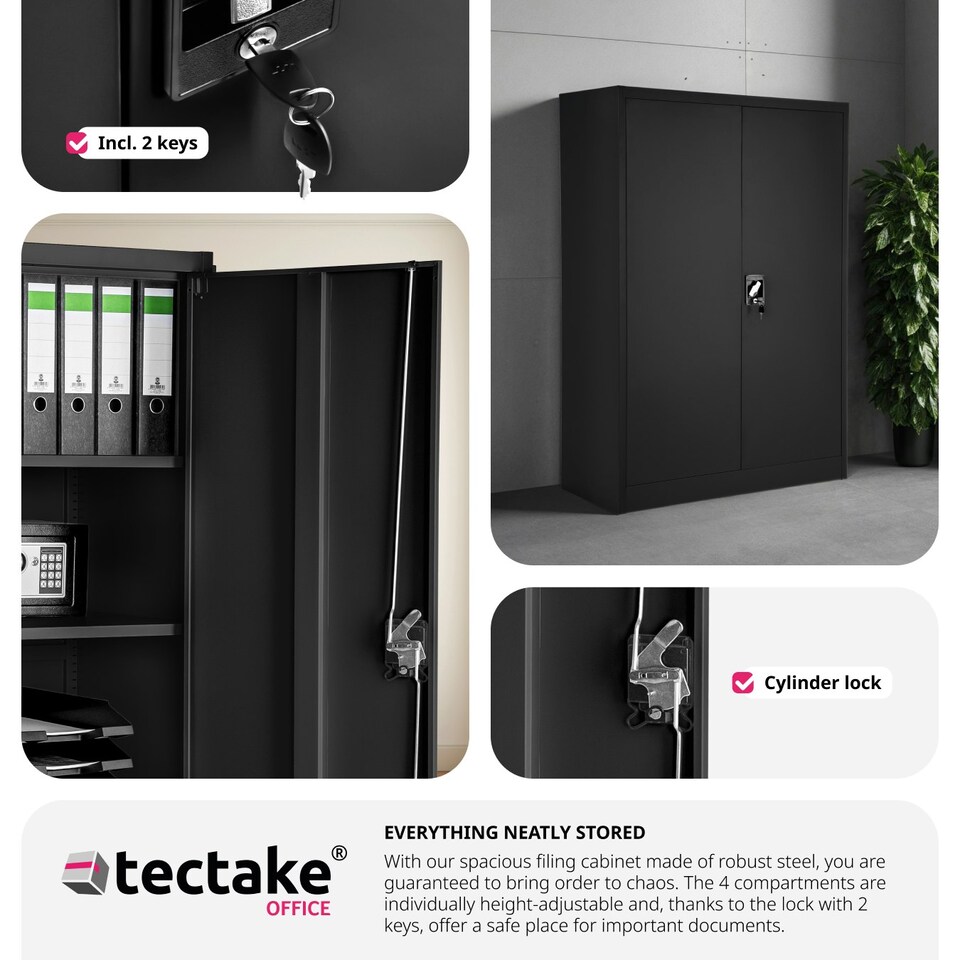 image 1 of Filing Cabinet - 4 adjustable shelves, lockable, 140 x 90 x 40 cm Black