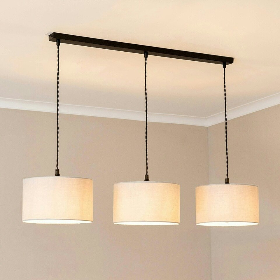 image 1 of ValueLights Reni Grey Drum Shade 3 Drop Bar Matte Black Diner Ceiling Light with LED Bulbs Black