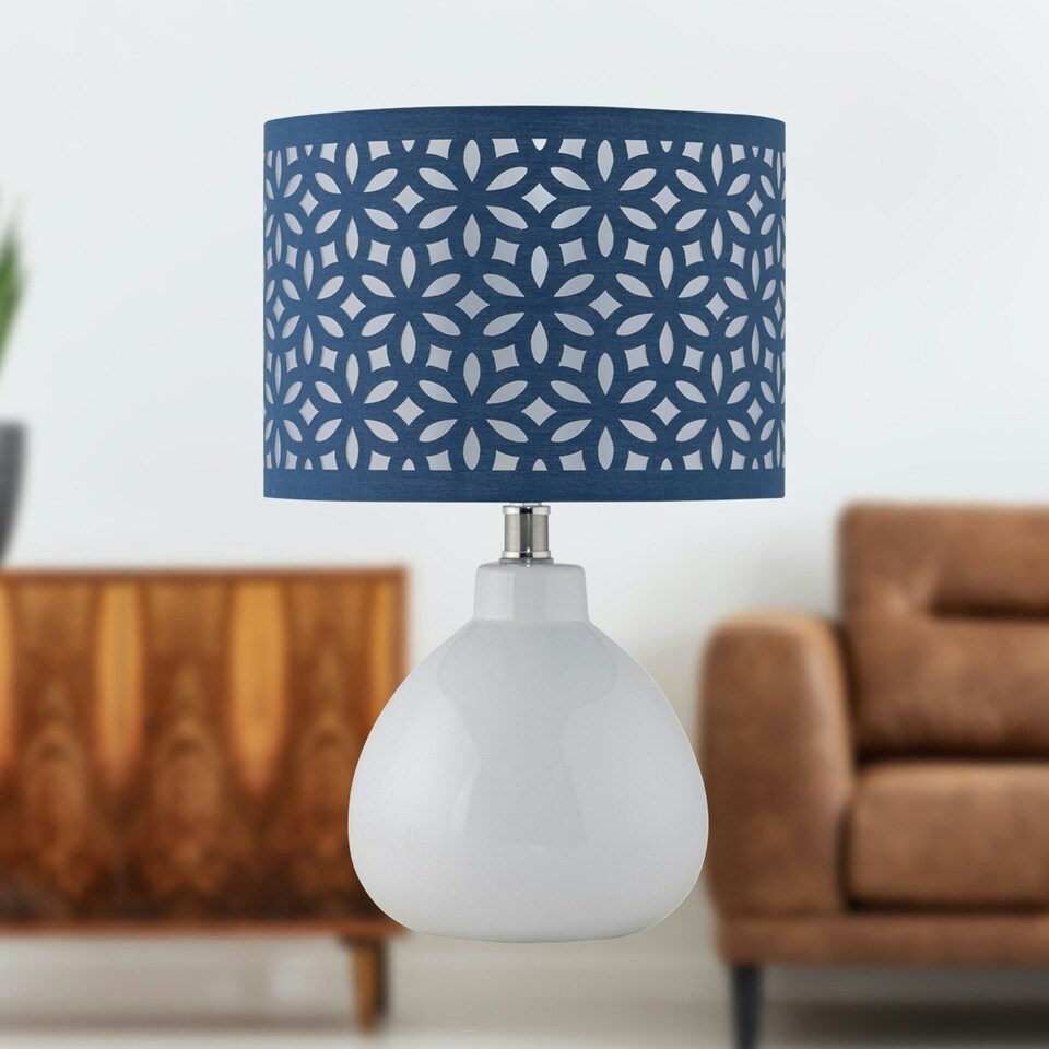 image 1 of First Choice Lighting Tuscan White Ceramic Lamp with Navy Blue Cut Out Shade White | Blue