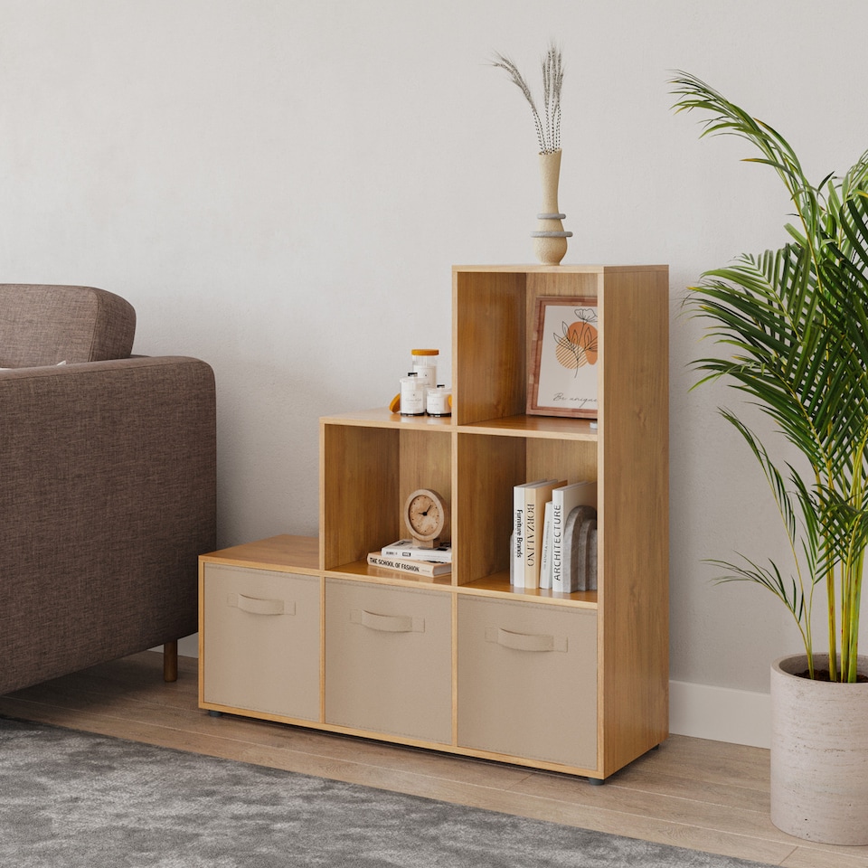image 1 of 6-Cube Step Shelving Unit With Non Woven Inserts | Cream | Beech & Beige | 1
