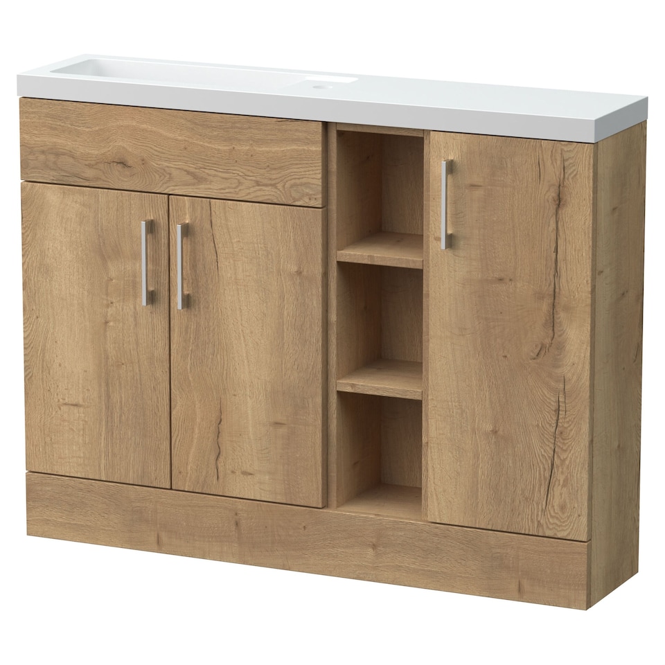 image 1 of Balterley Wichnor Contemporary Floor Standing Compact 3 Door Combination Vanity Basin Unit with Open Shelves and Polymarble Basin, 1100mm, Autumn Oak