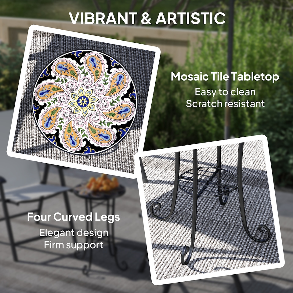image 1 of Outsunny Mosaic Garden Table, 35.5 cm Round Outdoor Table with Shelf, Ceramic Tile Top, Small Garden Side Table Bistro Table End Table Plant Stand for Indoor, Patio, Balcony, Orange | Orange | Orange