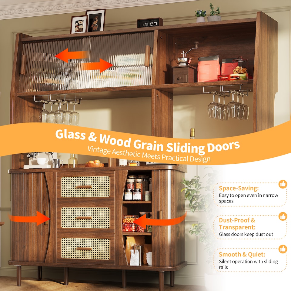 image 1 of VILUXE Tall Kitchen Storage Cabinet with Rattan-Effect Drawers and Glass Sliding Doors, 140 cm, Walnut