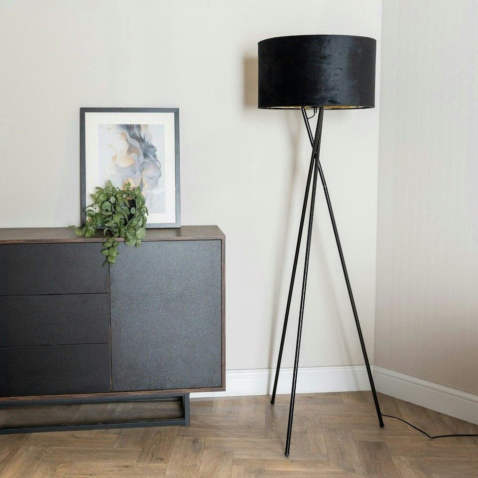 image 1 of ValueLights Camden Black Tripod Floor Lamp Black Velvet & Gold Shade & Bulb Black