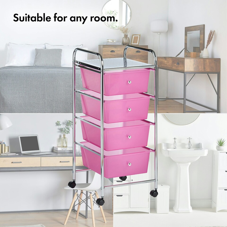image 1 of VonHaus 4 Drawer Pink Storage Trolley with 360° Wheels