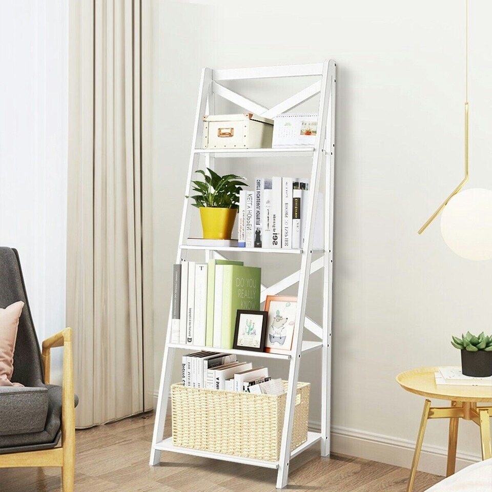 image 1 of COSTWAY 4 Tier Ladder Shelf Storage Wooden Bookcase White White
