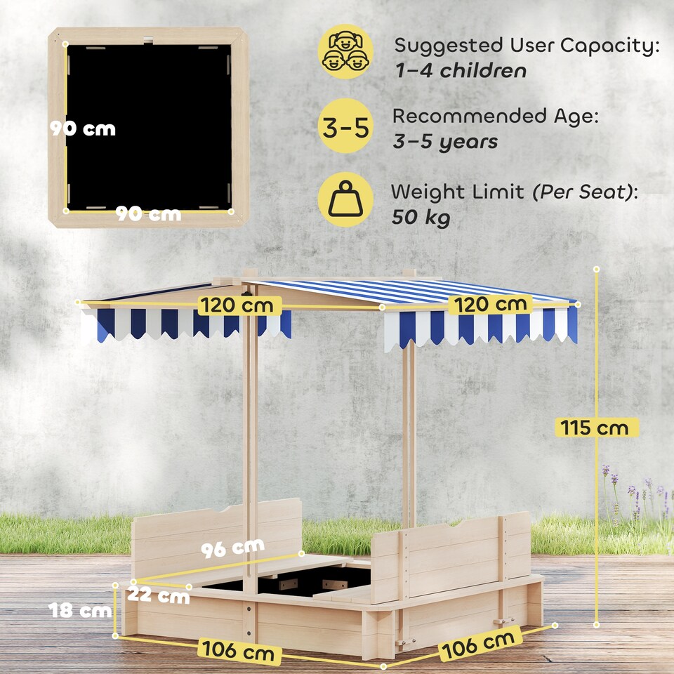 image 1 of Outsunny Kids Square Wooden Sandpit, Children Sandbox Outdoor Playset