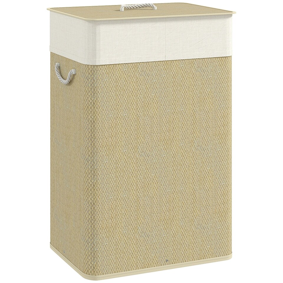 image 1 of HOMCOM Laundry Hamper with Removable Washable Liner Bag, Nature Wood Finish Brown | Cream