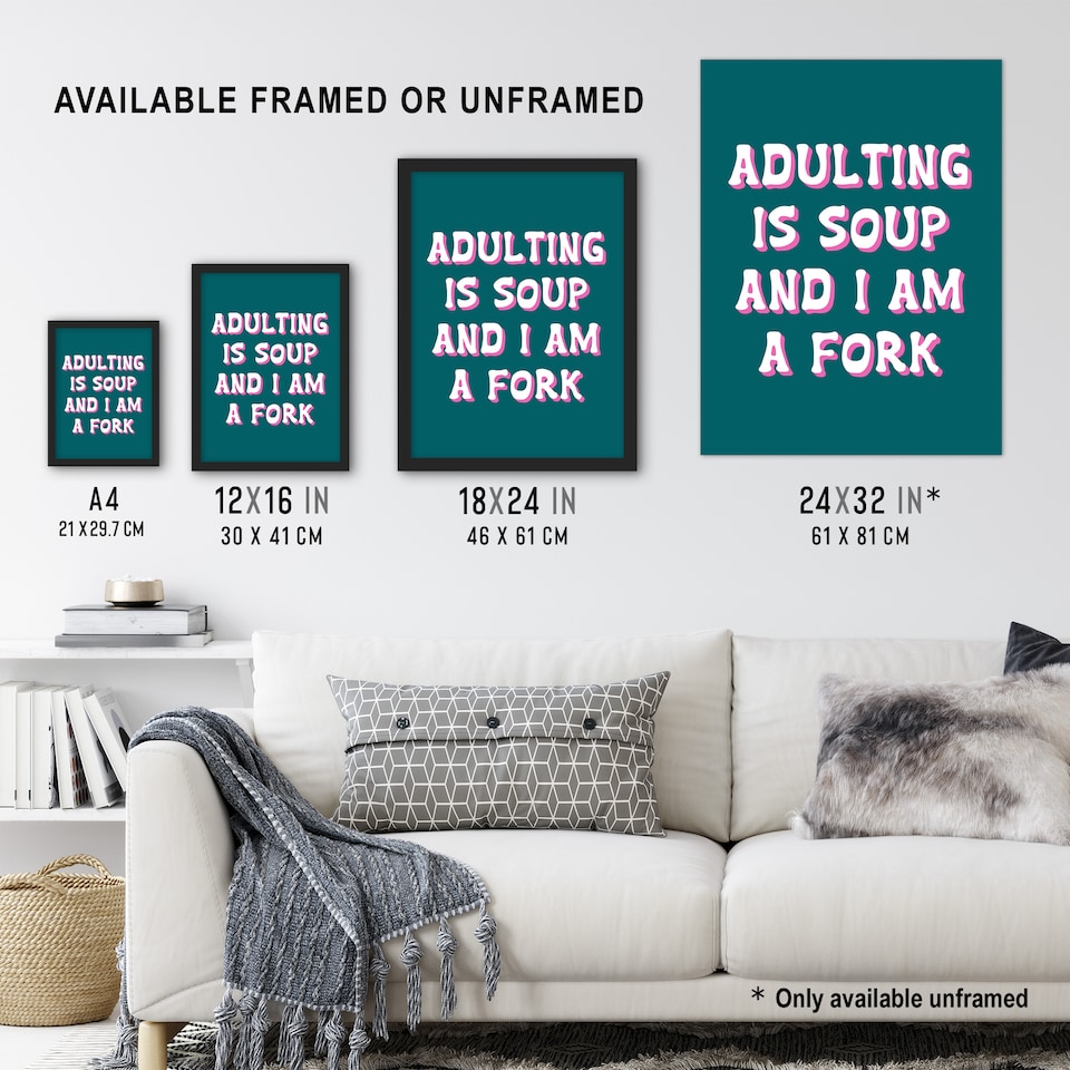 image 1 of Adulting Is Soup And I A Am Fork Teal Blue Funny XL Wall Art Print 24X32 In
