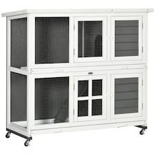 PawHut Rabbit Hutch, Guinea Pig Cage with Wheels & Slide-out Trays, Grey