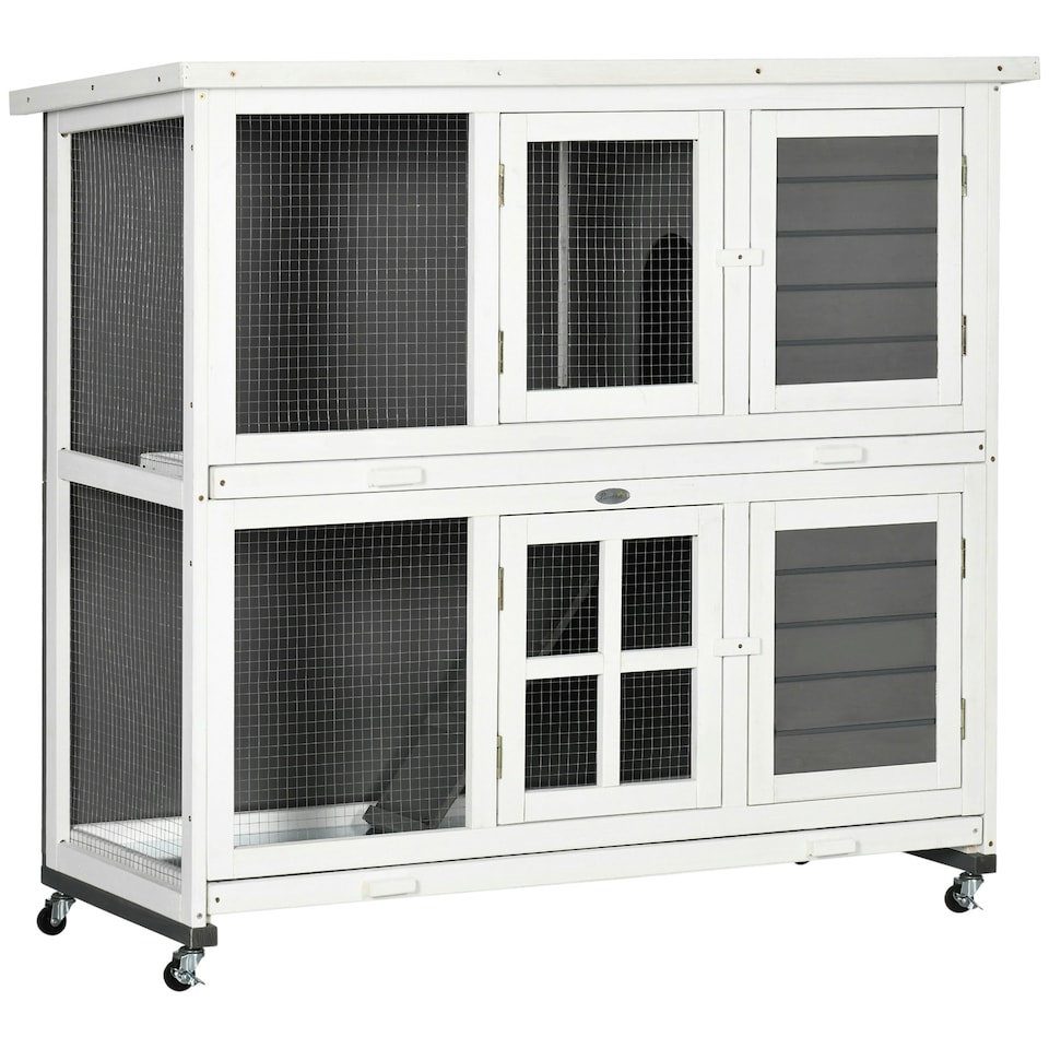 image 1 of PawHut Rabbit Hutch, Guinea Pig Cage with Wheels & Slide-out Trays, Grey