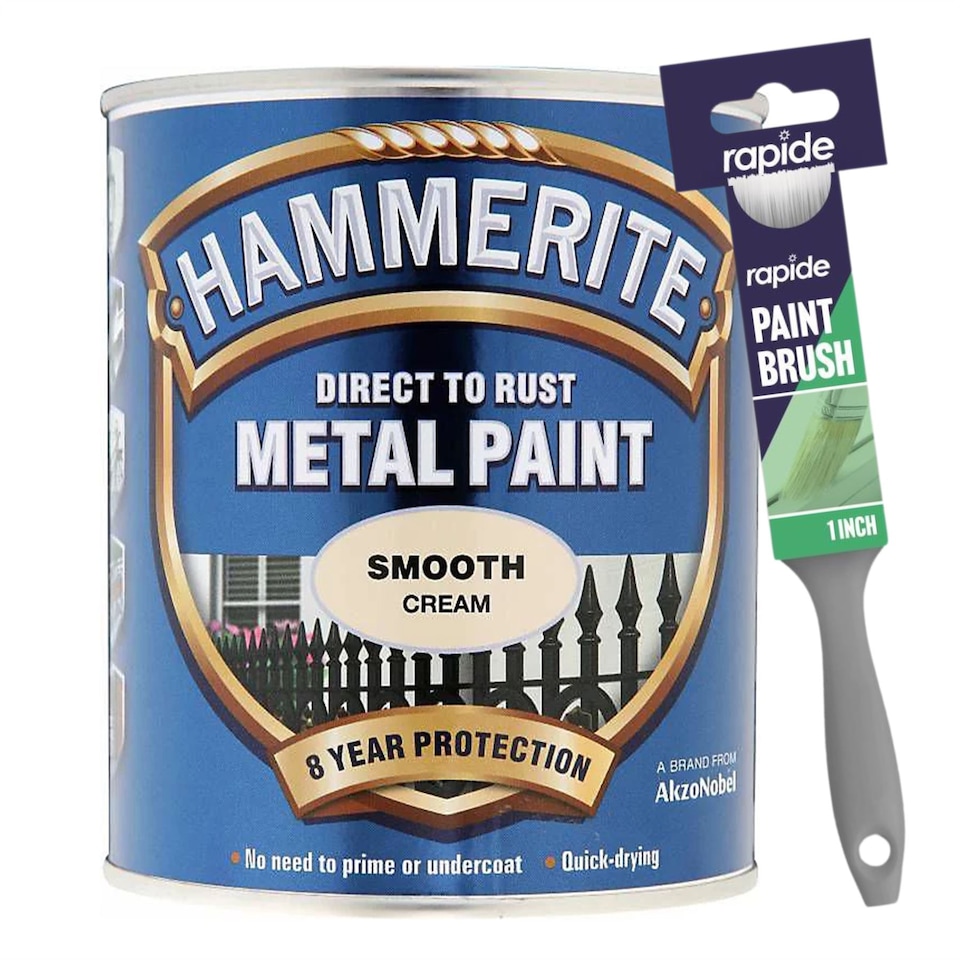 image 1 of Hammerite Smooth Cream 750ml with 1" Paint Brush