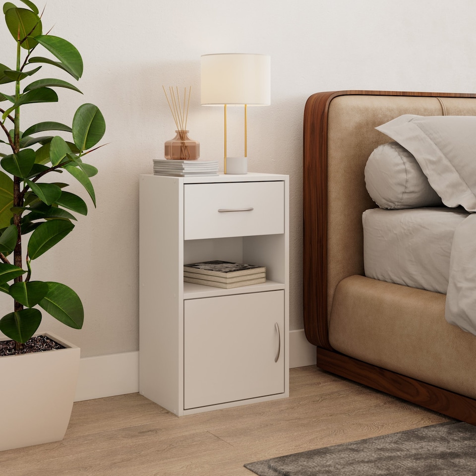 image 1 of 1-Drawer 1-Door Wooden Bedside Table | White | Unit Colour: White | 1
