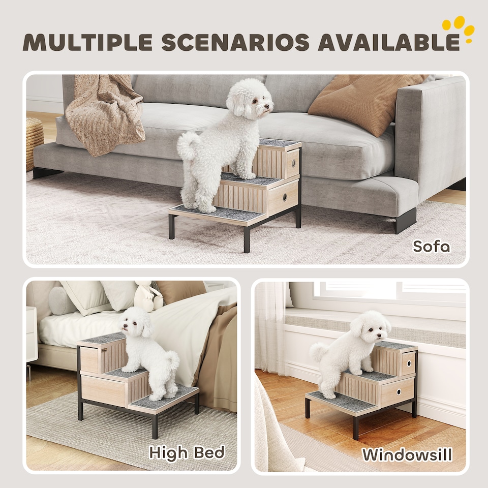 image 1 of PawHut Dog Stairs with Storage, Pet Steps for Older Cats & Small Dogs with Non-Slip Cover, Puppy Pet Steps for Sofa, High Bed, Oak Tone