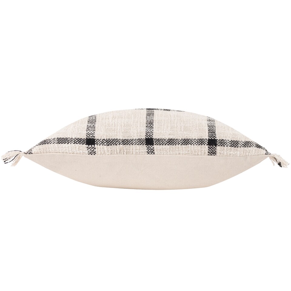 image 1 of Yard Beni Check Fringed Cushion, Natural/Black, 45 x 45cm