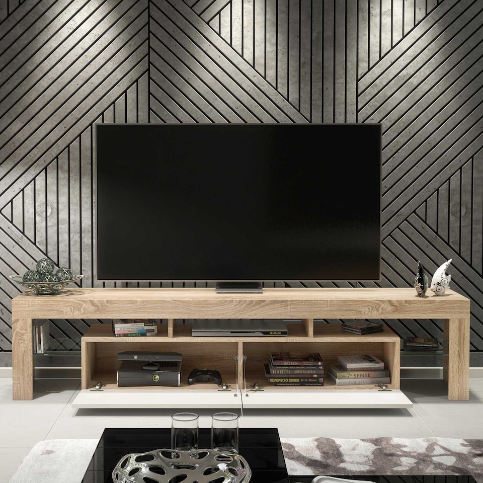 image 1 of TV Stand TV Unit Cabinet Sideboard Media Cabinet Storage Oak White High Gloss 200cm