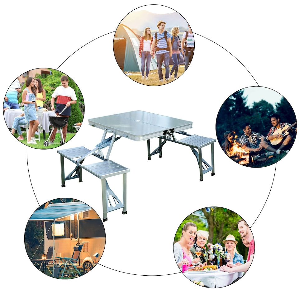 image 1 of Outsunny Portable Folding Trestle Camping Picnic Table Outdoor Chair Stools