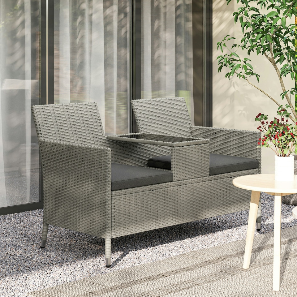 image 1 of Outsunny Rattan Chair Garden Furniture Patio Love Seat Table Grey | Grey