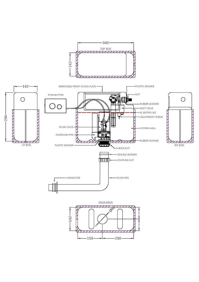 image 1 of Balterley Dual Flush Pneumatic Concealed Cistern with Flush Button, 305 x 364 x 164mm, Black