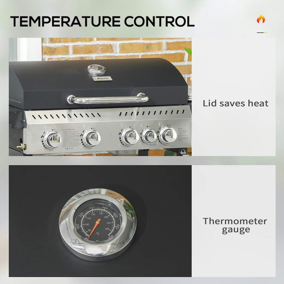 image 1 of Outsunny 4+1 Burner Propane Gas Barbecue Grill with Thermometer, Bottle Opener