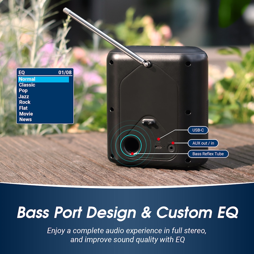 image 1 of Rechargeable Bluetooth Speaker with DAB/DAB+/FM Radio, Dual Alarm Clock, Colour LCD Screen for Bedside, Kitchen, Office, or Outdoors– August MB330B