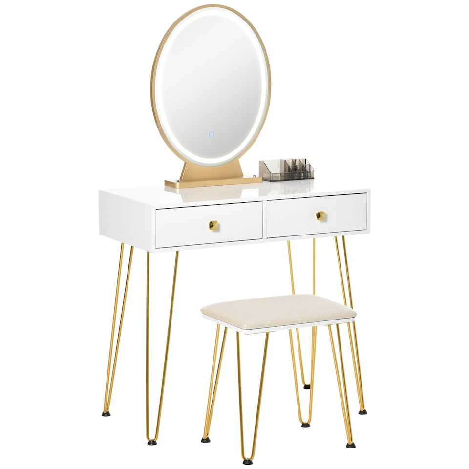 image 1 of HOMCOM Dressing Table Set With LED Mirror & Stool 2 Drawers Makeup Desk