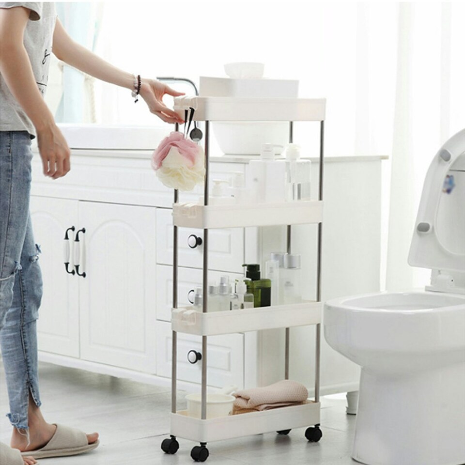 image 1 of Living and Home Plastic Storage Trolley Cart 4-Tier Rack - White