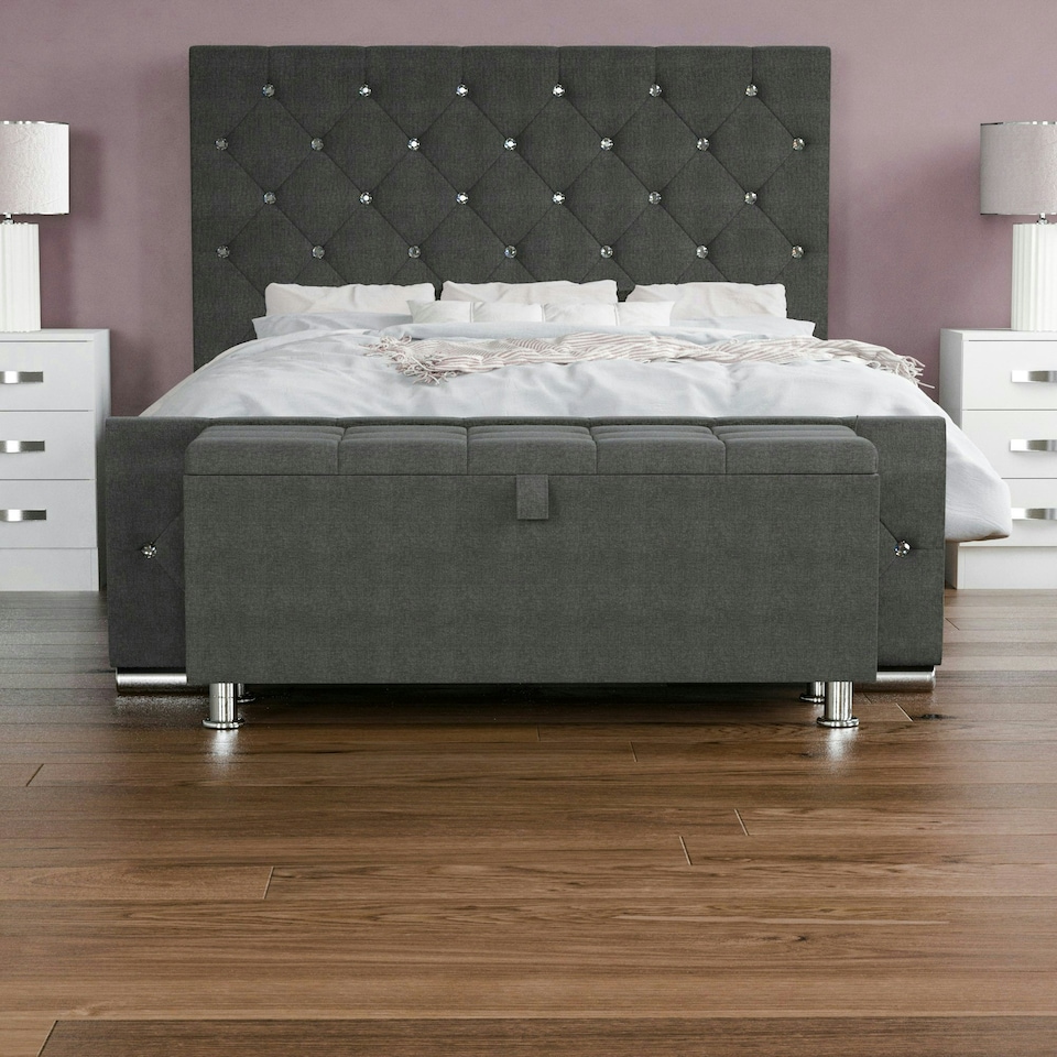 image 1 of Vida Designs Valencia Storage Ottoman Bedroom Hallway Chest Bench, Dark Grey Linen Grey | Dark Grey Linen