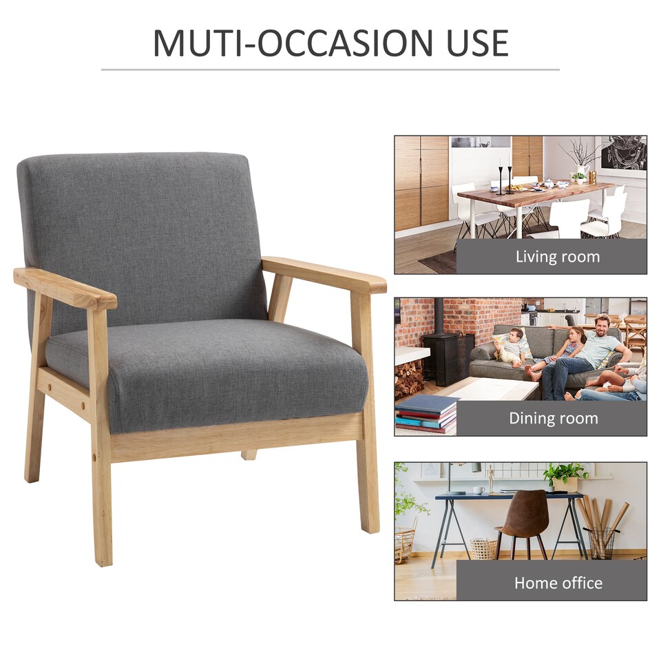 image 1 of HOMCOM Modern Armchair, Linen Upholstered Sofa with Solid Wood Legs and Wide Seat, Accent Chair for Living Room Bedroom Office, Grey