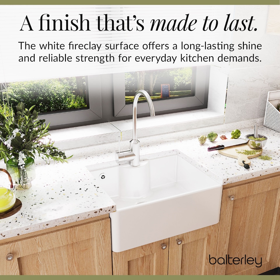 image 1 of Fireclay 1 Bowl Butler Kitchen Sink Tap Ledge Overflow Tap Hole 595mm | White | White | 450 x 595 x 220mm | 1