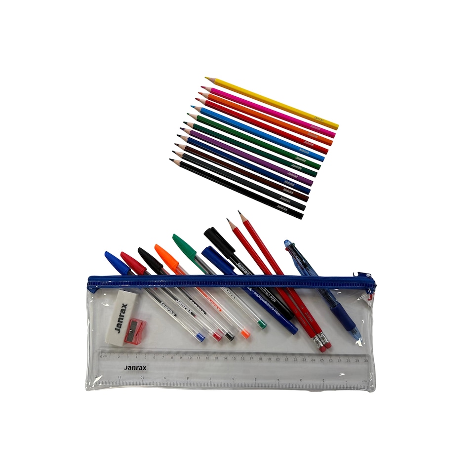 image 1 of Stationery Filled Blue Zip 13x5" Pencil Case with Colouring Pencils