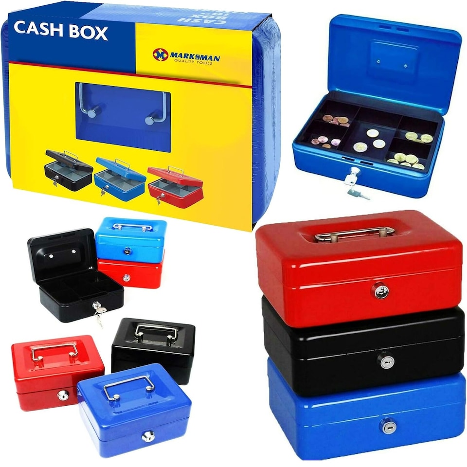 image 1 of 12" Money Bank Cash Deposit Box Steel Tin Security Safe Petty Key Blue