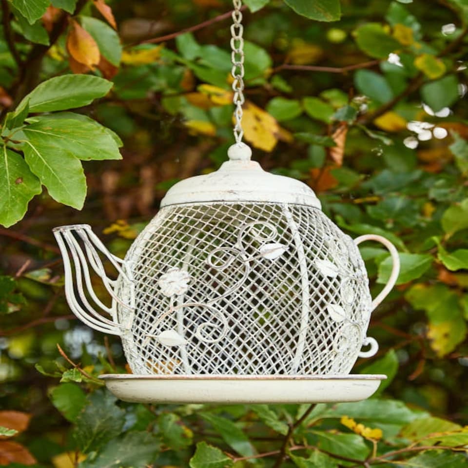 image 1 of Hanging Teapot Bird Feeder White