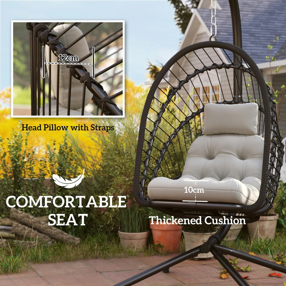 image 1 of Outsunny PE Hanging Swing Chair w/ Thick Cushion, Patio Hanging Chair Black