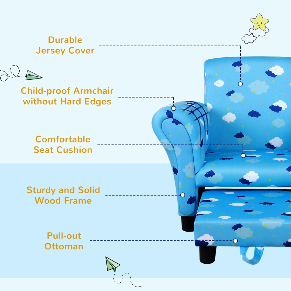 image 1 of HOMCOM Kids Armchair Children Mini Sofa Wood Frame w/ Footrest Cute Cloud Star Blue