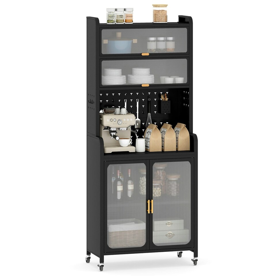 image 1 of COSTWAY Kitchen Pantry Storage Cabinet with Large Countertop Black