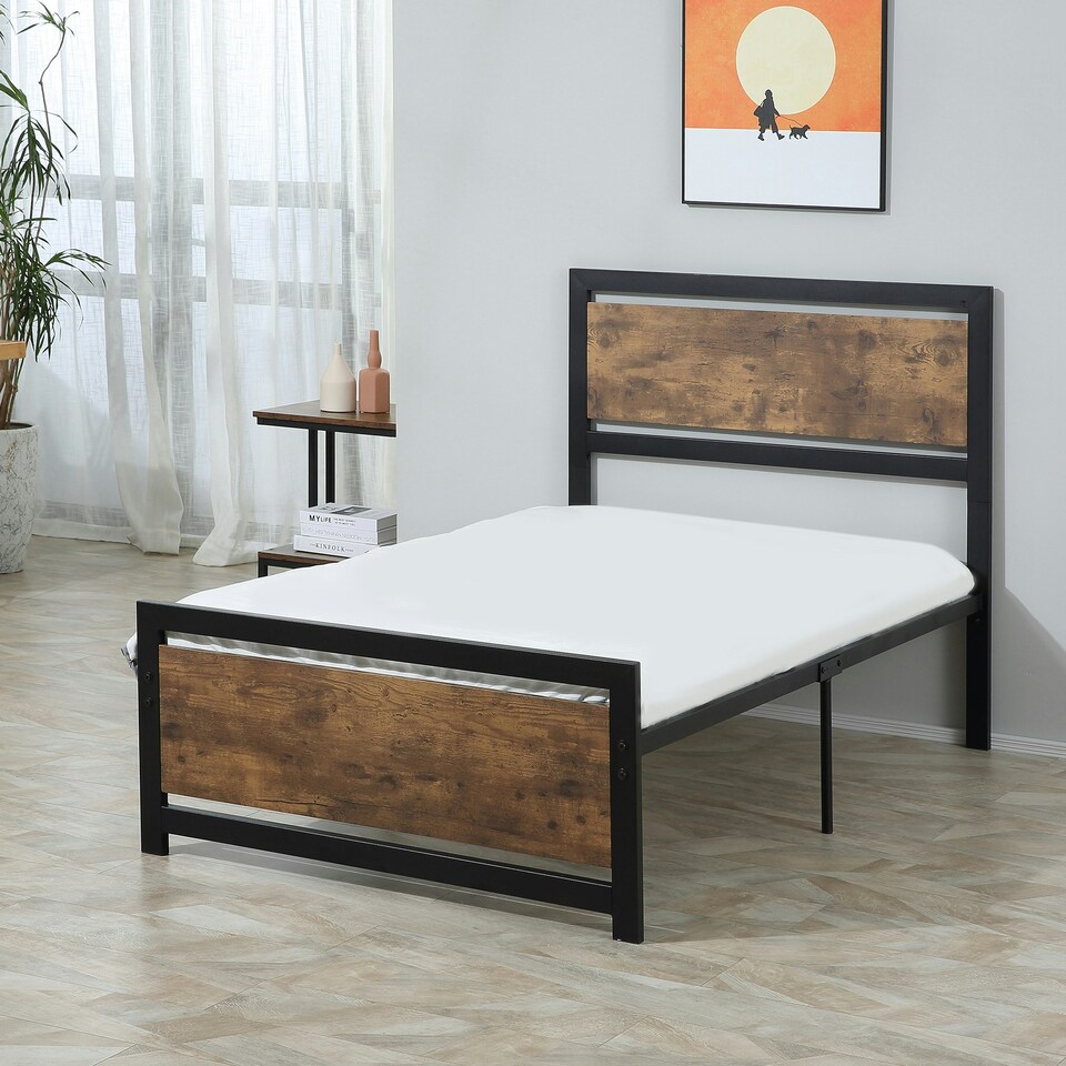 image 1 of HOMCOM Single Size Metal Bed Frame w/ Headboard & Footboard, 97x195x103cm