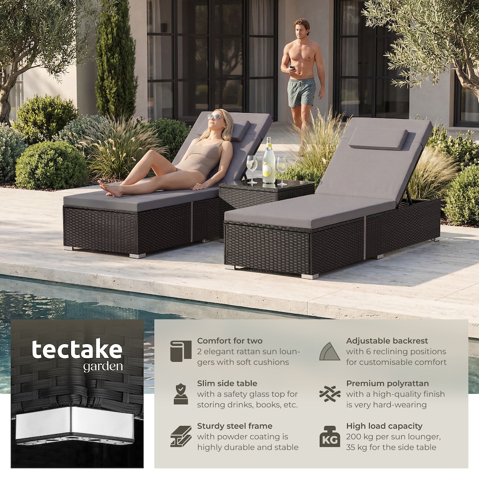 image 1 of Carbonera Rattan Double Lounge Chair with Table, Adjustable Backrest | Black | black | 1