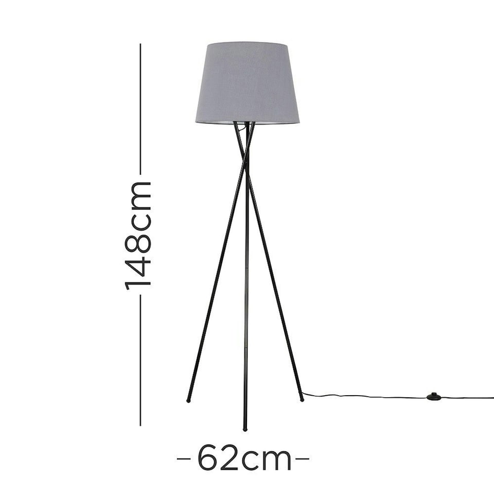 image 1 of ValueLights Camden Black Tripod Floor Lamp Grey Taper Shade & Bulb Grey