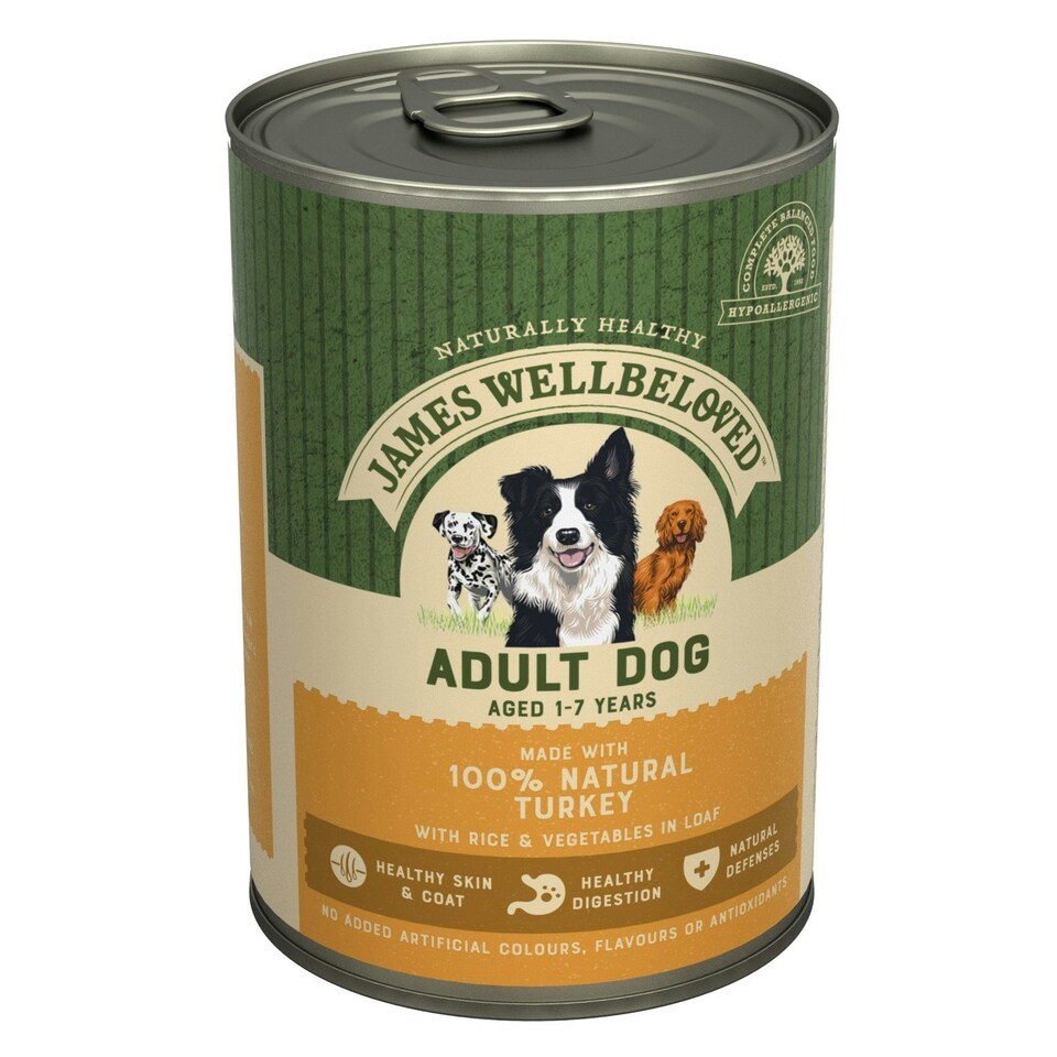 image 1 of James Wellbeloved Adult Wet Dog Food Tins Turkey & Rice in Loaf 12 x 400g