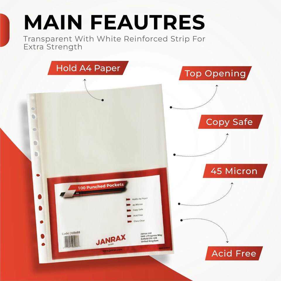 image 1 of Pack of 500 A4 Glass Clear Punched Pockets by Janrax - Copy Safe Acid Free
