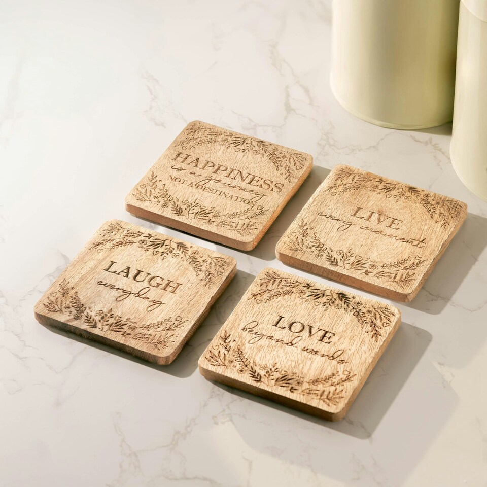 image 1 of Marco Paul Wooden Inspirational Coaster Set of 4 Coasters with Holder