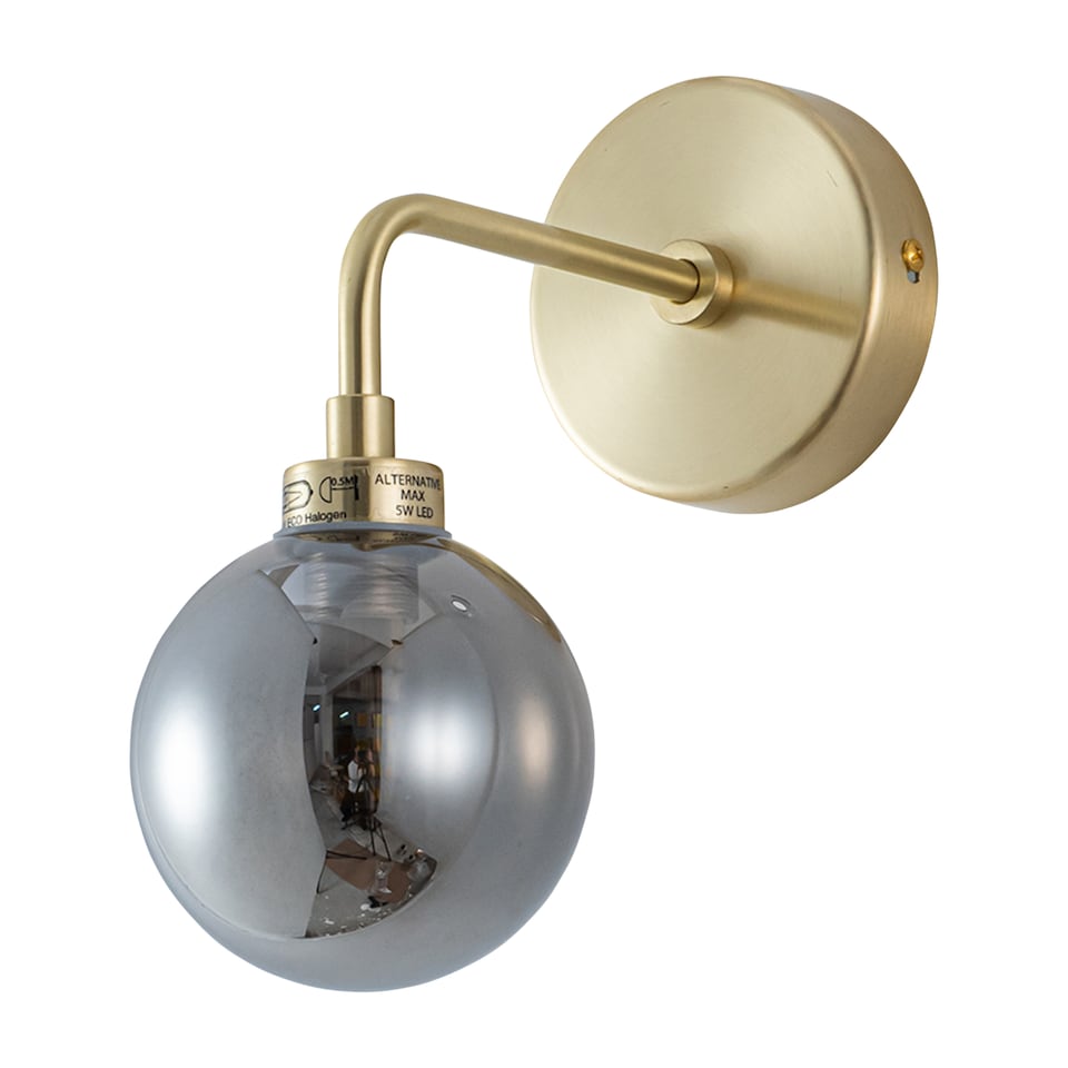 image 1 of Set of 2 Toner - Satin Brass with Smoked Glass Globe Wall Lights | Gold | Grey | 2