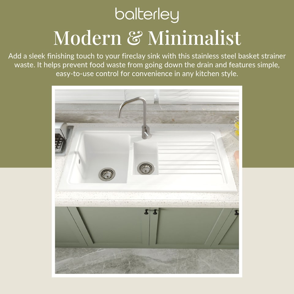 image 1 of Balterley Fireclay Kitchen Sink Basket Strainer Waste with Overflow | Silver | Brushed Nickel | 1