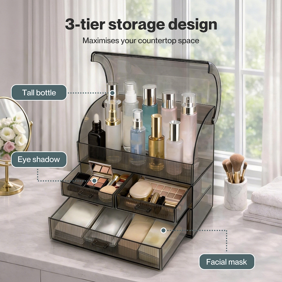 image 1 of ilus Makeup Storage Organiser Acrylic Cosmetics Organizer Transparent Black | Black | Black
