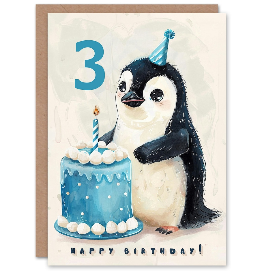 image 1 of 3rd Cute Baby Penguin Cake Cartoon Kids Age 3 Year Old Child Birthday Card
