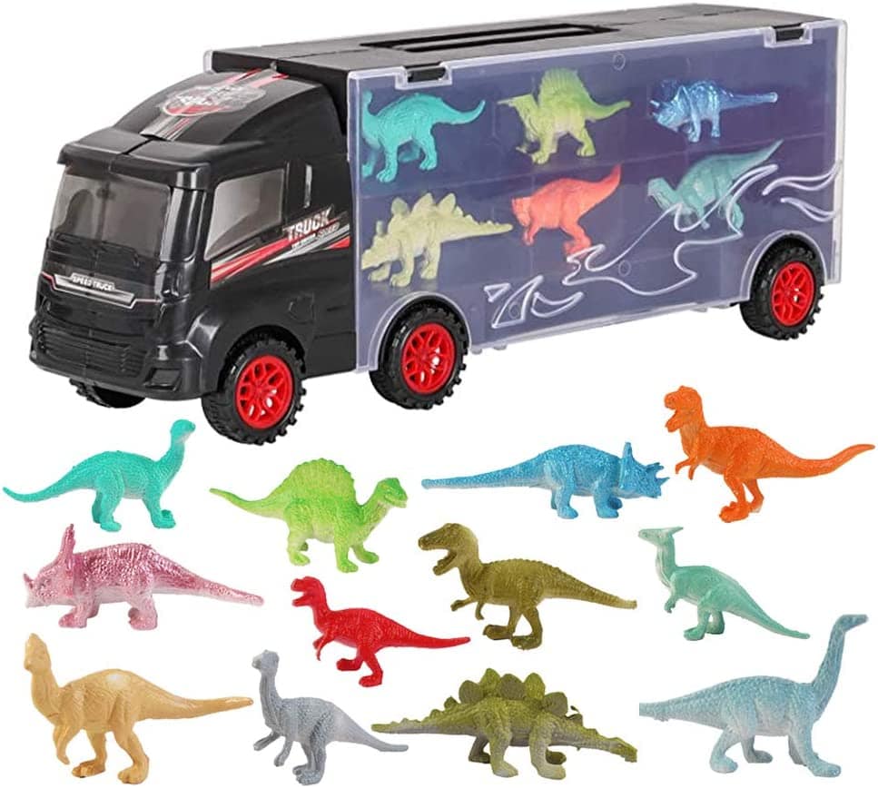 Dinosaur Transporter Truck Playset - Portable Carry Case with 12 Mini Dino Figures Including T-Rex, Triceratops & Raptor - Built-In Slide, 12 Compartments & Handle - Imaginative Play Toy for Kids Ages 3+